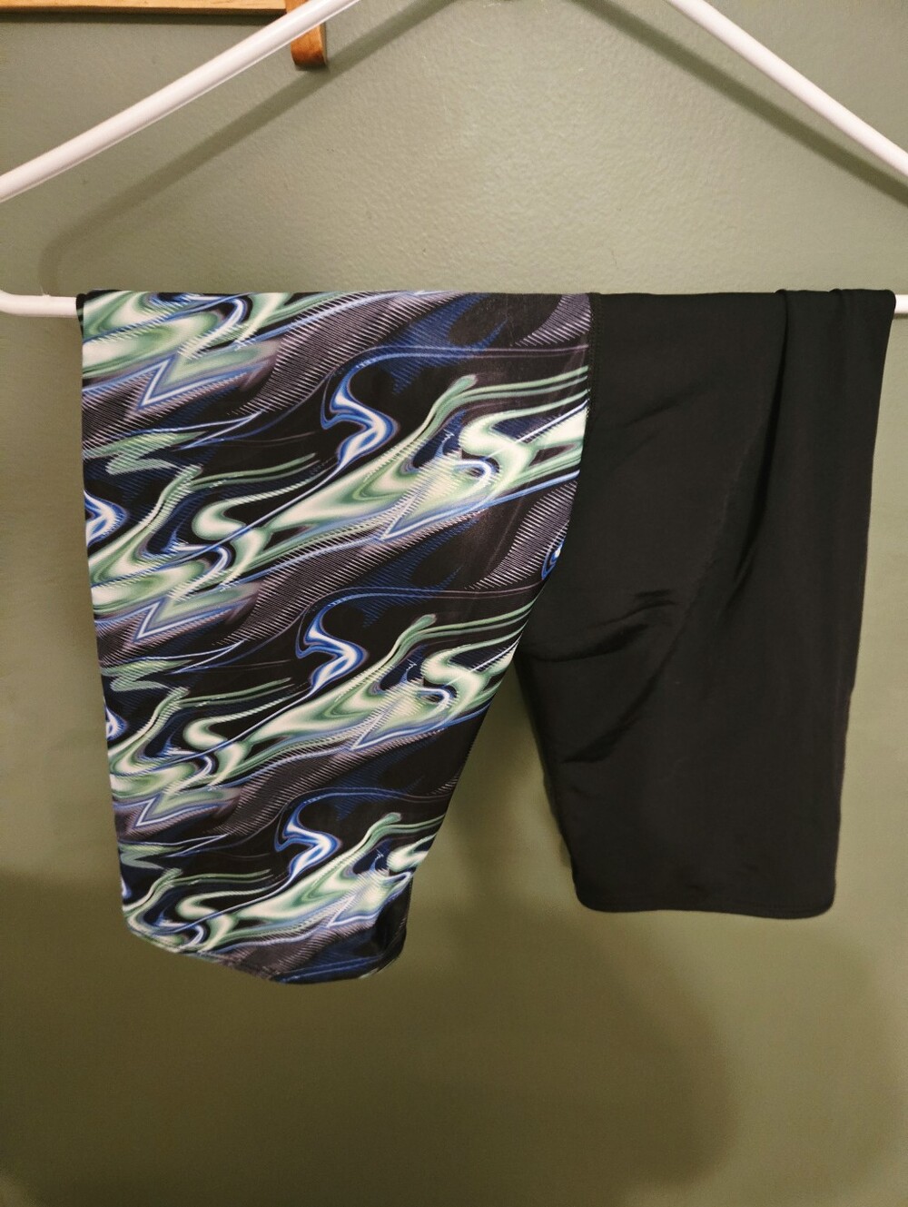 Dolphin Size 32, Kids Black Swim Shorts with Blue & Green Wave Print